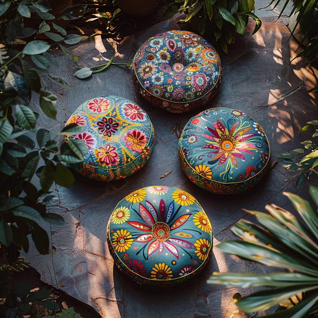 yoga cushion, round shape with vibrant colors and pattern