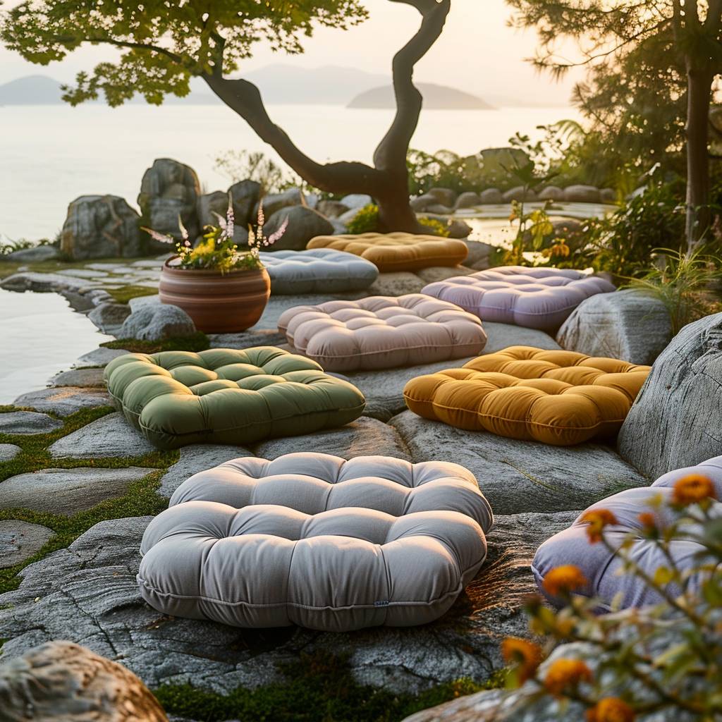 yoga cushion with various designs and colors, placed on a peaceful and natural setting