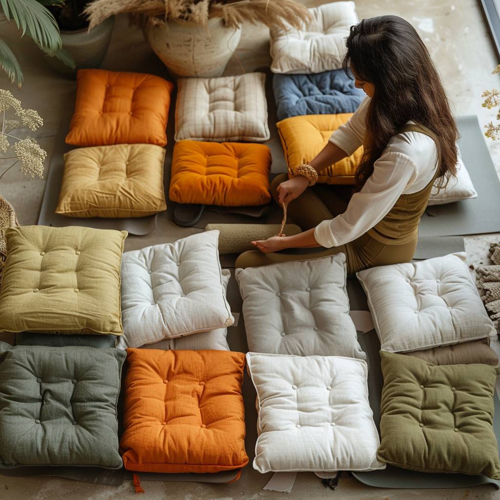 yoga practitioner selecting a cushion from various options