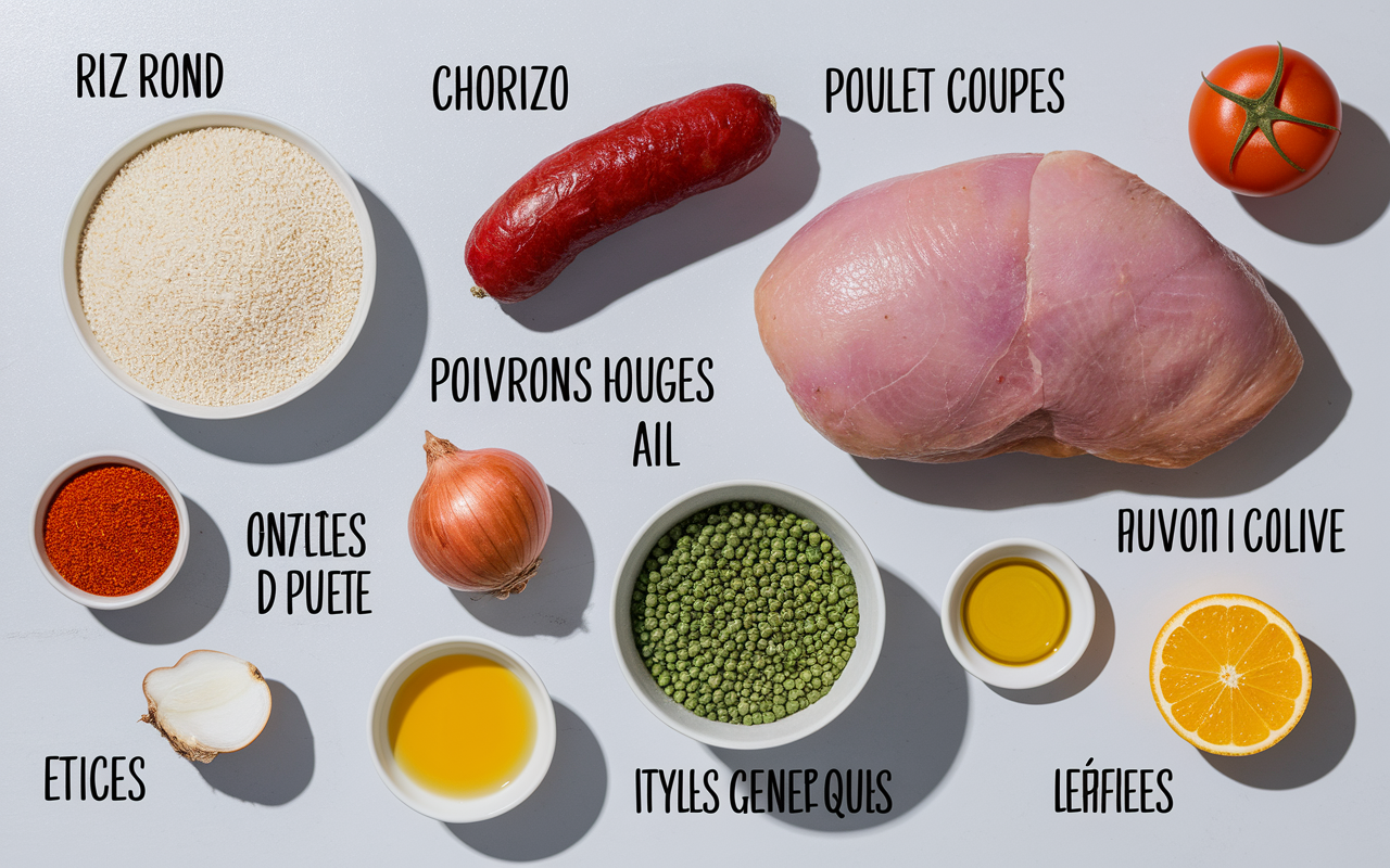 Ingrédients paella poulet chorizo listés pour 4-6 personnes