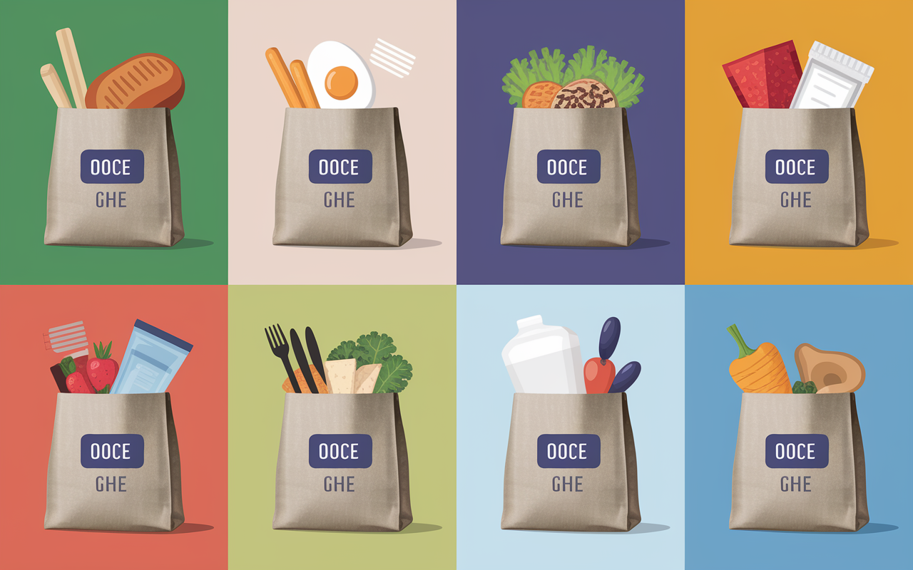 Sacs courses aliments riches protéines pour menu semaine