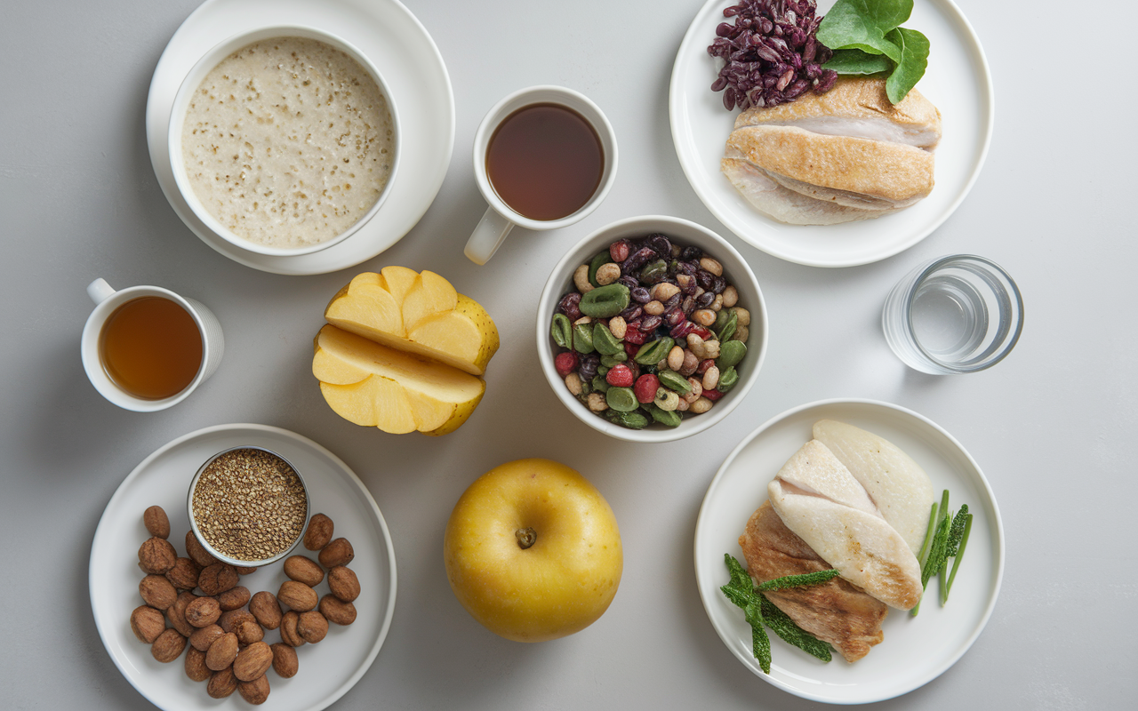 Assiette porridge legumes poulet menu ventre plat