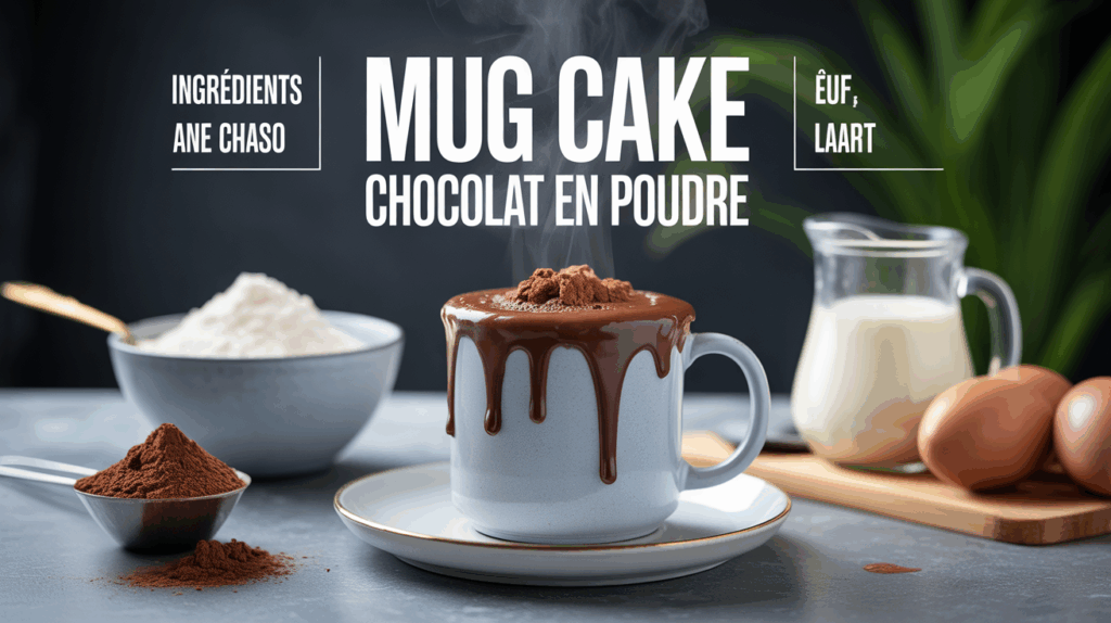 Mug cake chocolat en poudre chaud dans tasse avec ingrédients