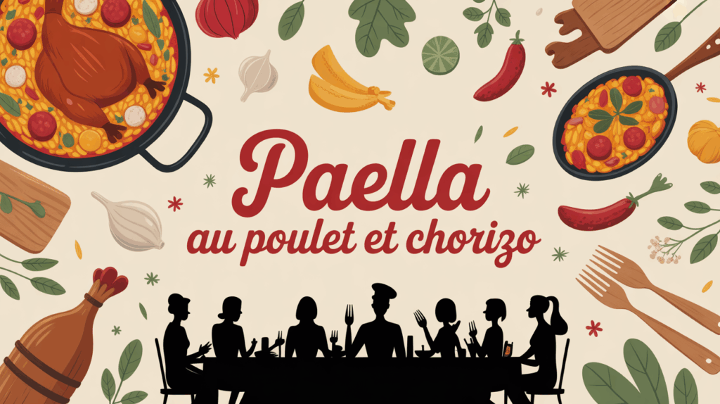 Paella au poulet et chorizo dans une grande poêle, ambiance conviviale