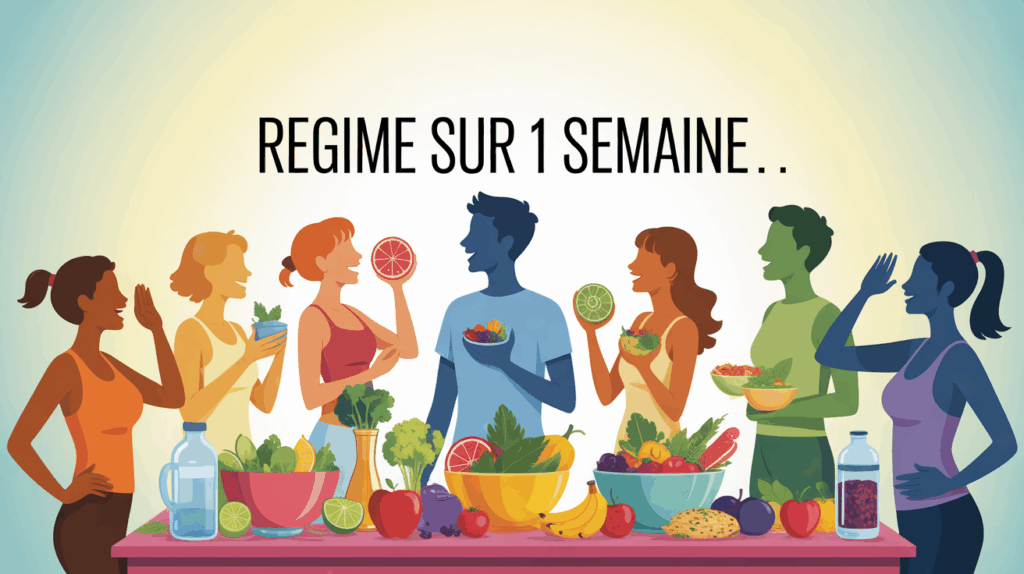 Silhouettes autour d'une table d'aliments sains pour regime sur 1 semaine