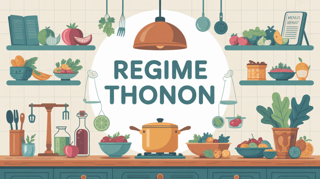 Table cuisine avec aliments sains et menus regime Thonon