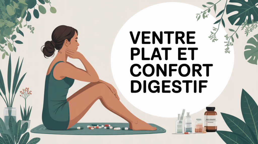 Silhouette femme ventre plat entourée plantes capsules bien-être