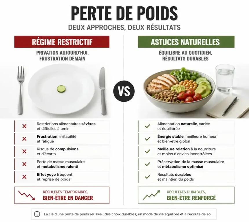 Infographie comparative des 20 astuces pour maigrir sans régime