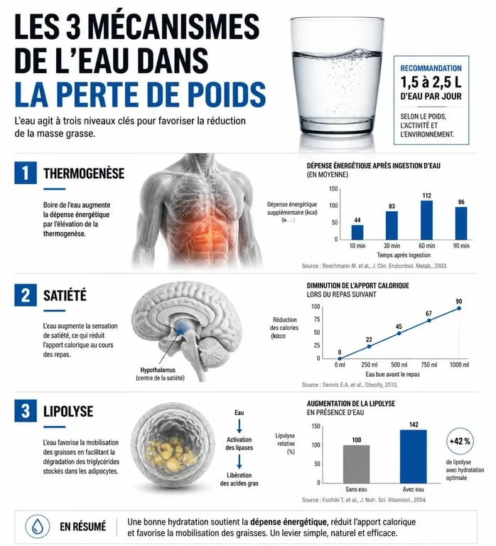 Infographie expliquant les bienfaits de l'eau et des boissons pour perdre du poids