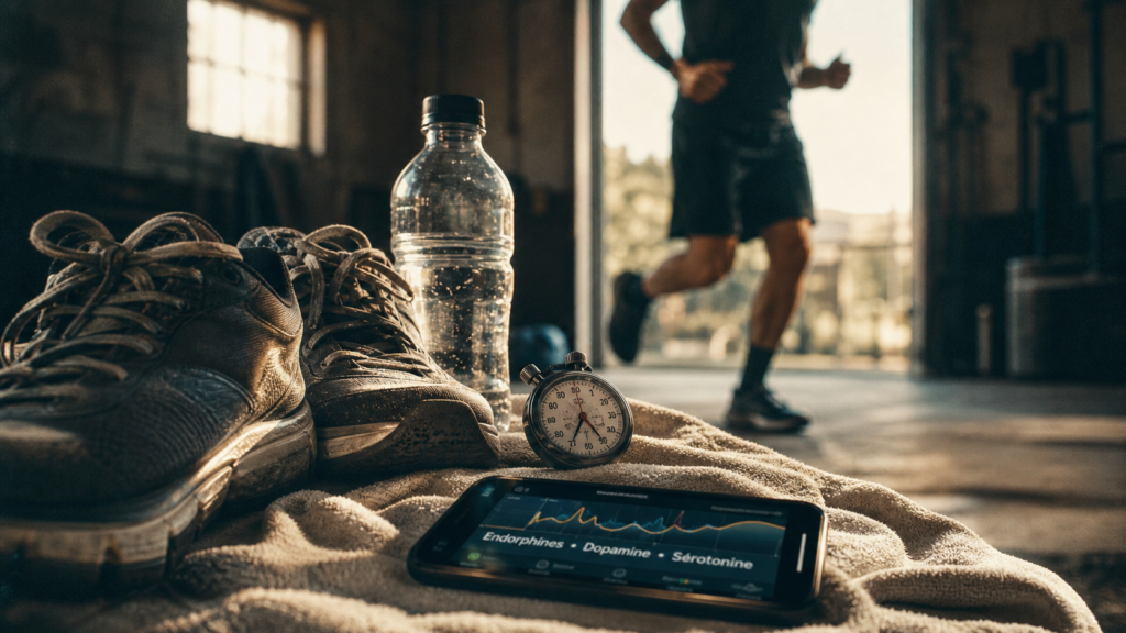 Hormone du bonheur sport : chronomètre et baskets, fin de séance 30 minutes