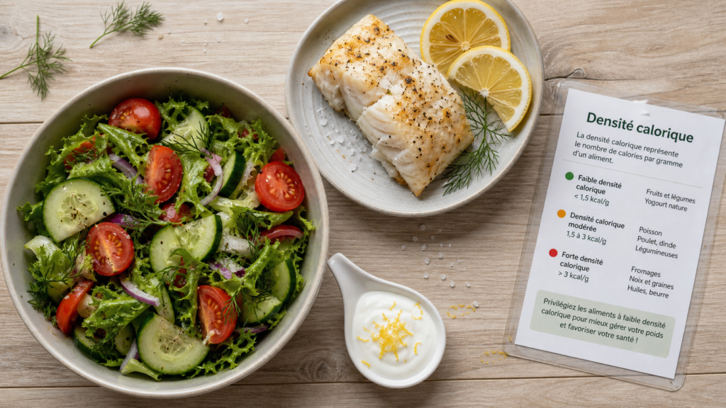 Aliments faibles en calories : salade, cabillaud et yaourt, fibres, protéines et eau pour rassasier