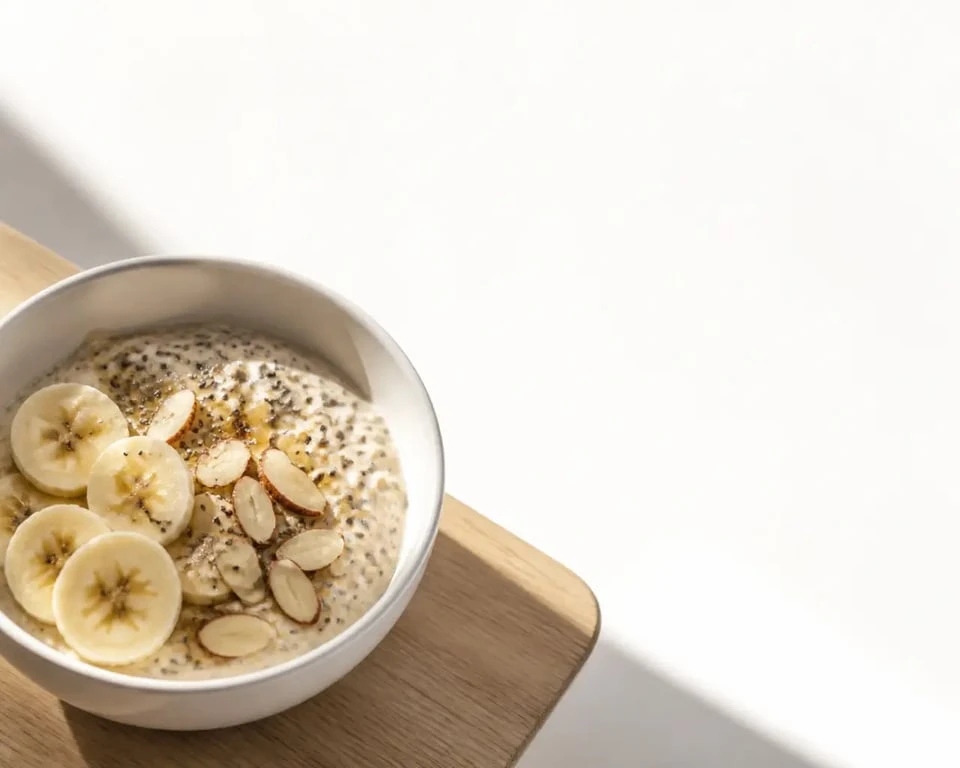 Recette petit dej équilibré : overnight oats banane, chia et amandes dans un bol appétissant