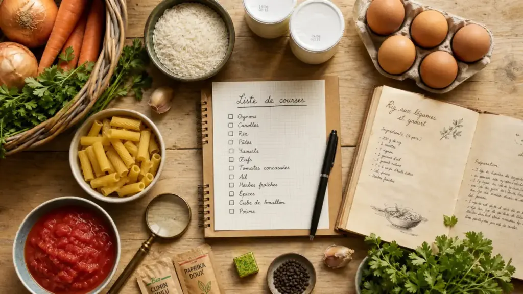 Liste courses alimentaires : panier de base, ingrédients et liste à cocher