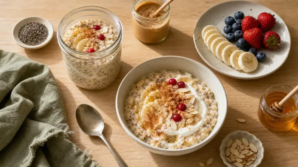 Petit dej équilibré recette overnight oats banane, chia et yaourt