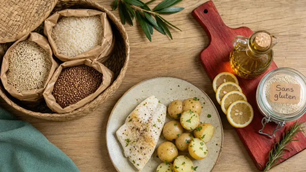 Quel sont les aliment sans gluten : riz, sarrasin et repas sans gluten en plan fixe