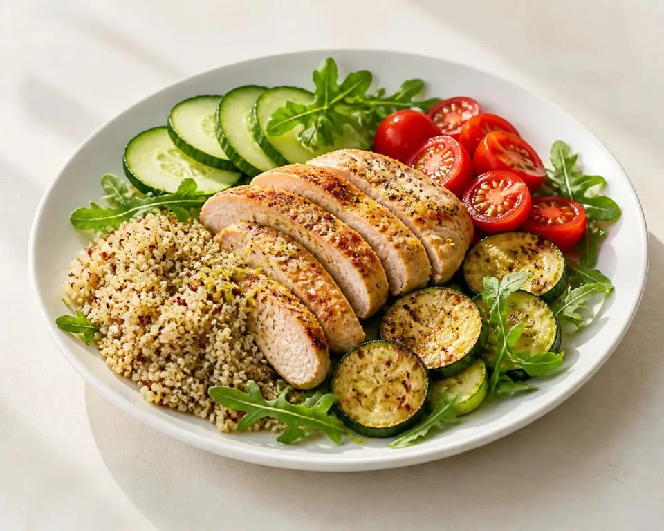 Recette pour maigrir le ventre : assiette quinoa, poulet citronné et légumes croquants