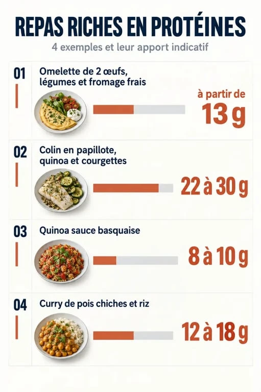 Infographie de repas riche en proteine avec apports protéiques indicatifs