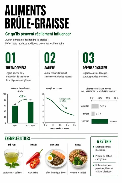 Infographie sur les aliments brûle graisse expliquant thermogenèse, satiété et protéines