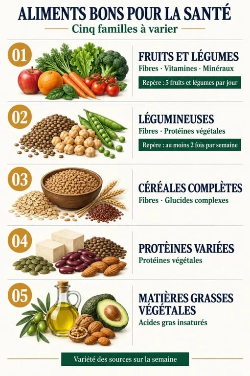 Infographie des aliments bons pour la santé et de leurs principaux apports nutritionnels