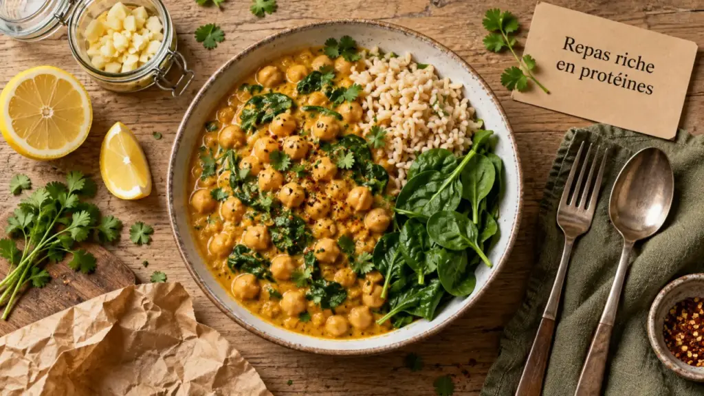 Repas riche en proteine : curry de pois chiches et riz